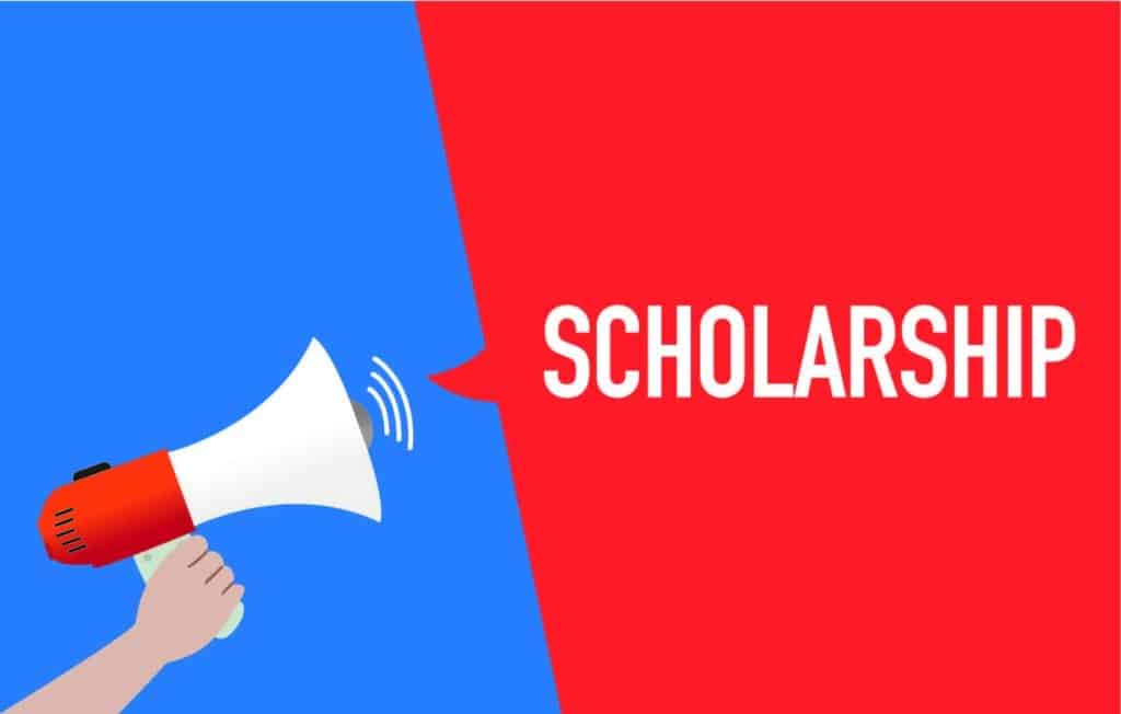 Blue and red background with ‘Scholarship’ coming out of a megaphone.