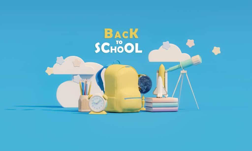 The text “back to school” above a backpack, a small rocket, stack of books and a telescope.