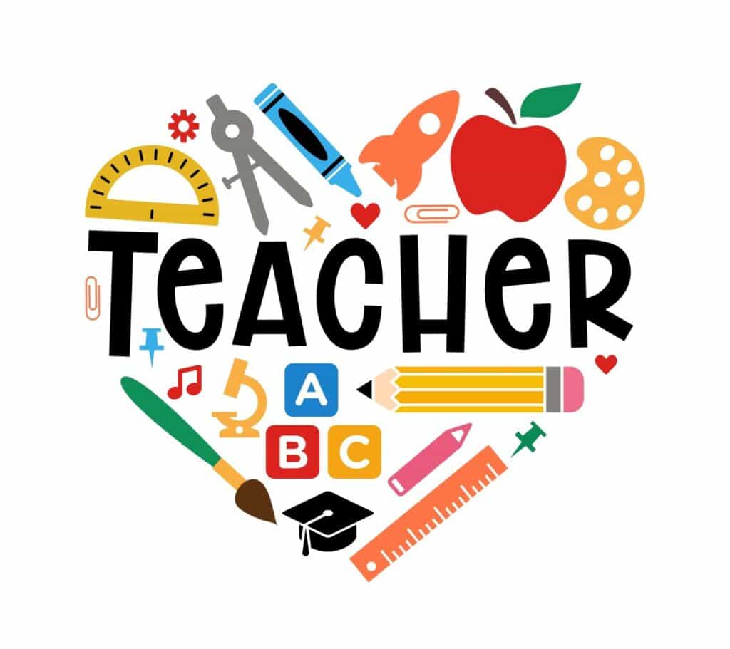 The word teacher is written in the middle of a heart made out of school supplies.