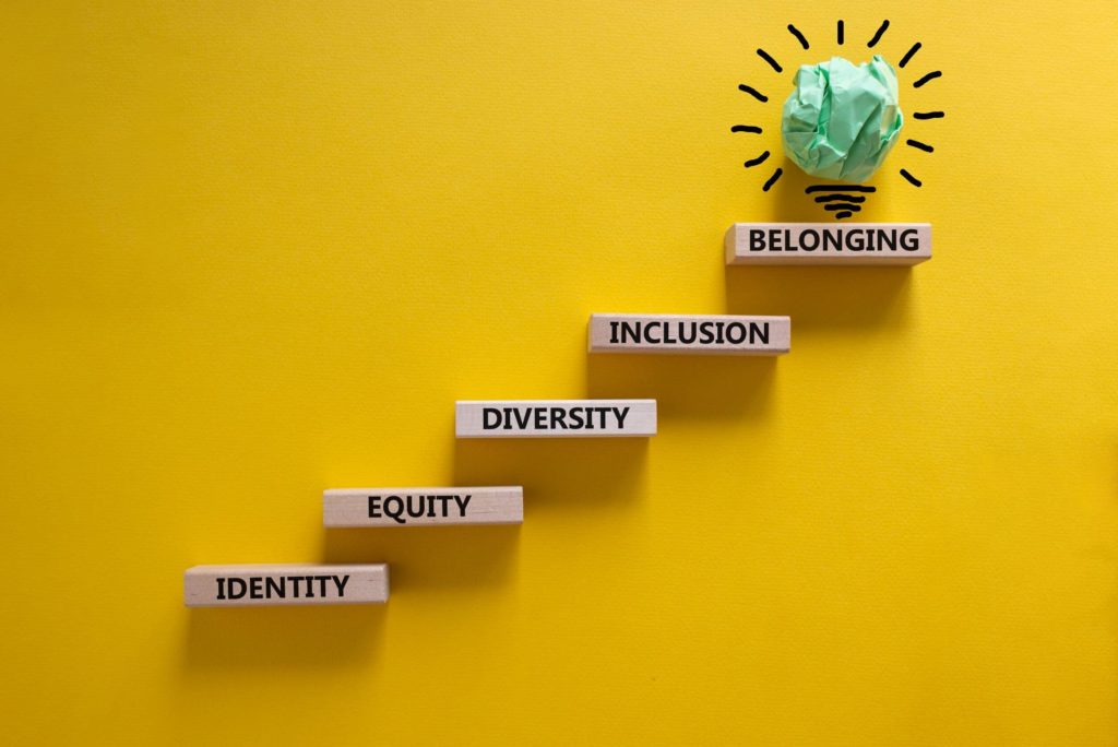 Blocks with “identity, equity, diversity, inclusion, belonging” printed on them stack up to an image of a light bulb above “belonging”