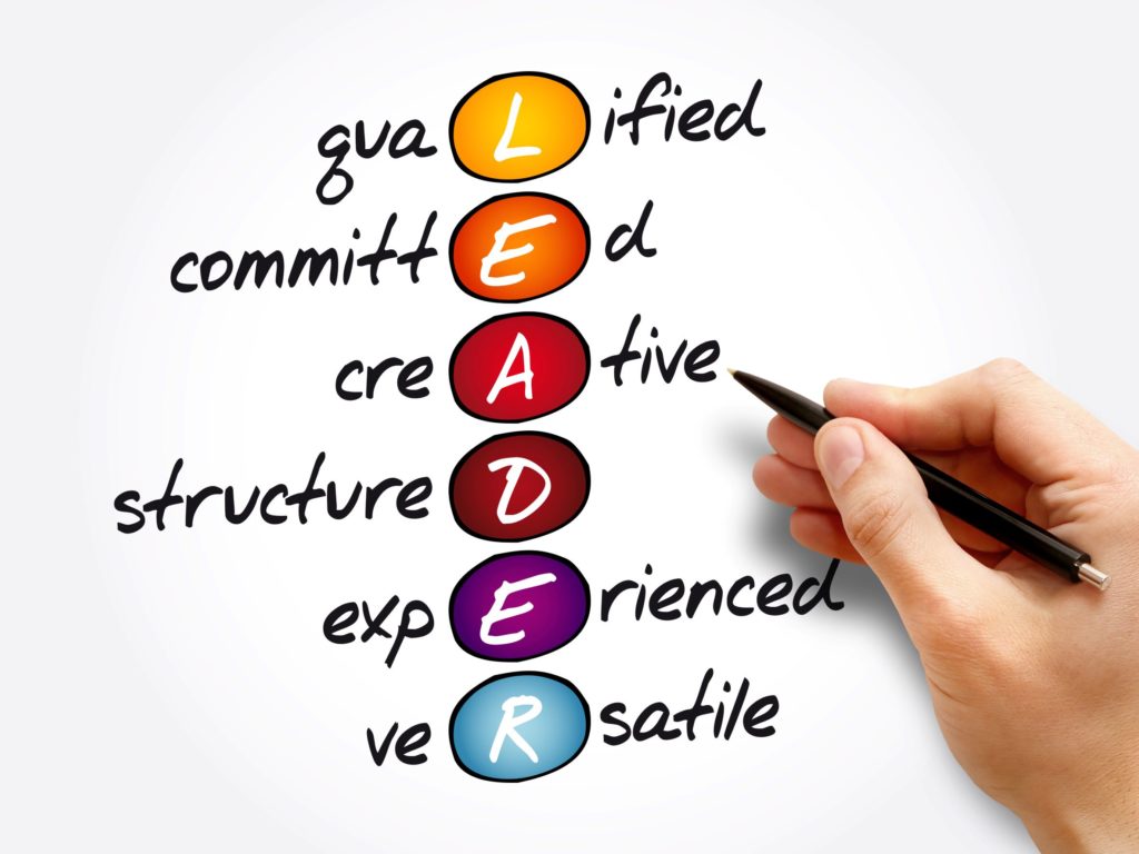 A hand points at a graphic that say “leader” alongside other words: “qualified, committed, creative, structure, experienced, versatile.”