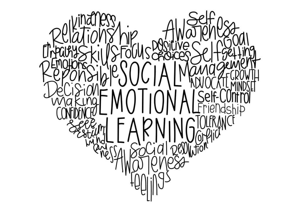 A social-emotional word map graphic in the form of a heart.