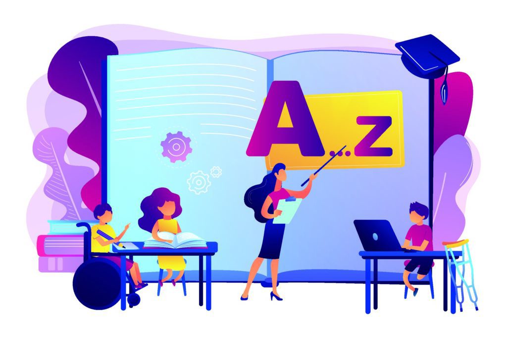 Animated teacher instructing in an inclusive classroom.