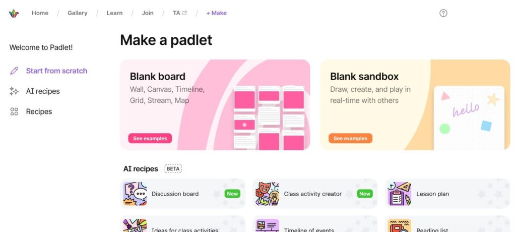 A screenshot of the Padlet dashboard, where you would go to create a board.