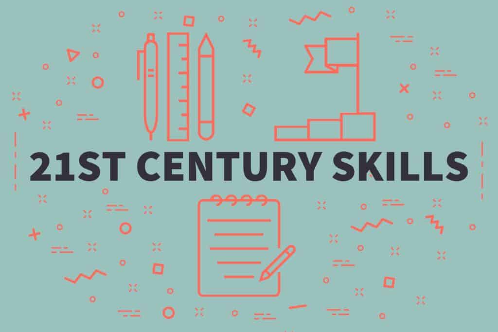 Illustration with a textbook, pencil, stair steps, and text that says “21st century skills.”