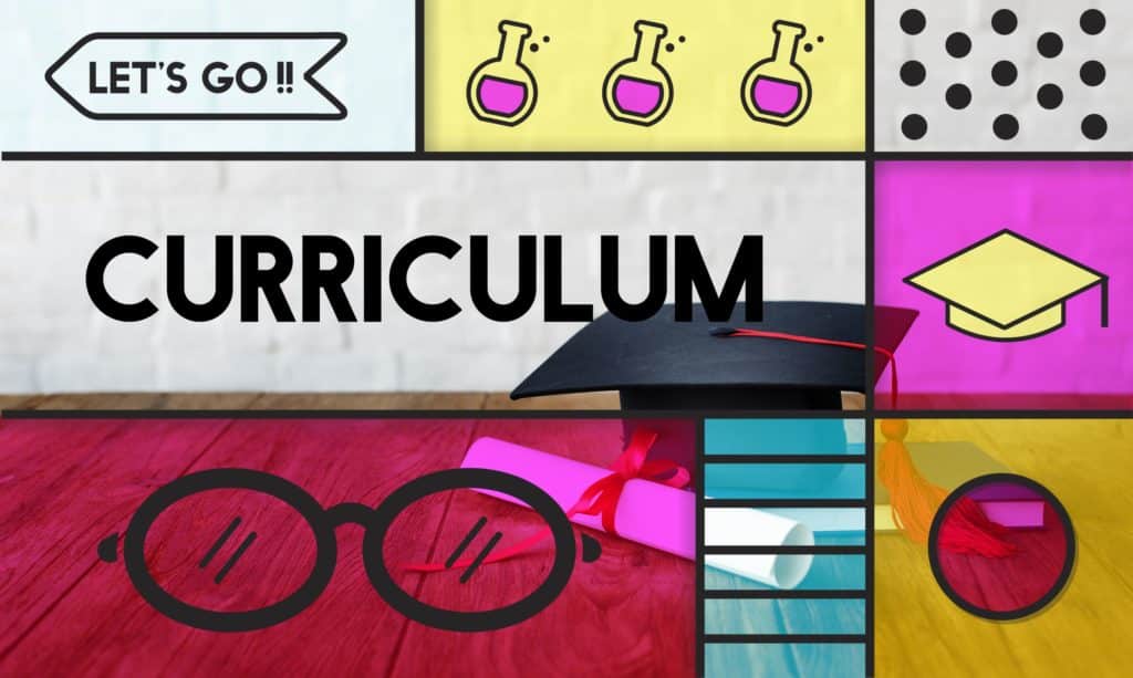 A graphic with a cap and diploma and the word “curriculum” edited over it.