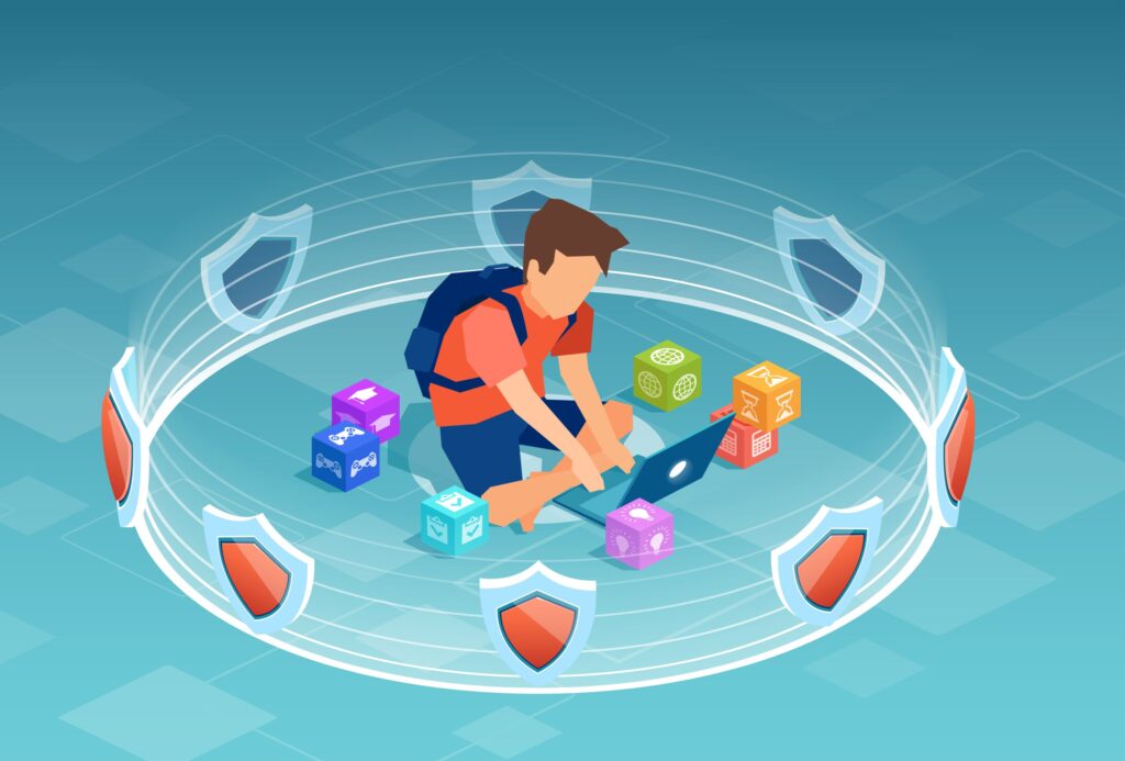 Vector of a boy student using his laptop surrounded by 3D shields, representing teaching internet safety to students.